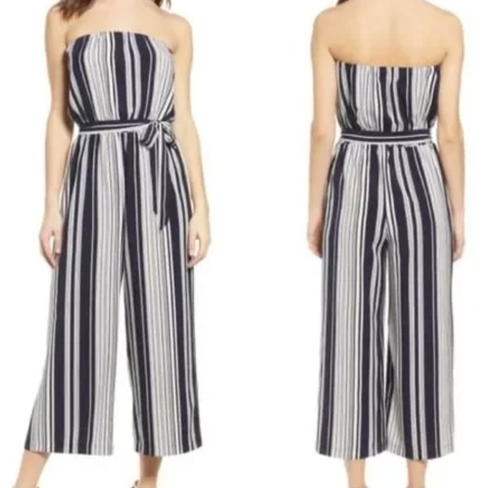 Socialite Strapless Wide Leg Cropped Jumpsuit Blue and White Striped Size Medium